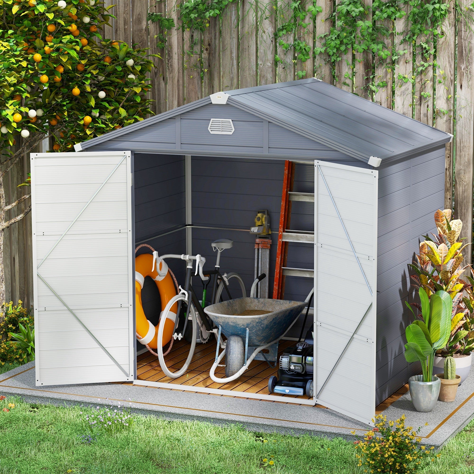 Outsunny Spacious 8x6ft Garden Shed Secure Latch Door, Ventilation, Sloped Roof, Durable PP Material in Grey 