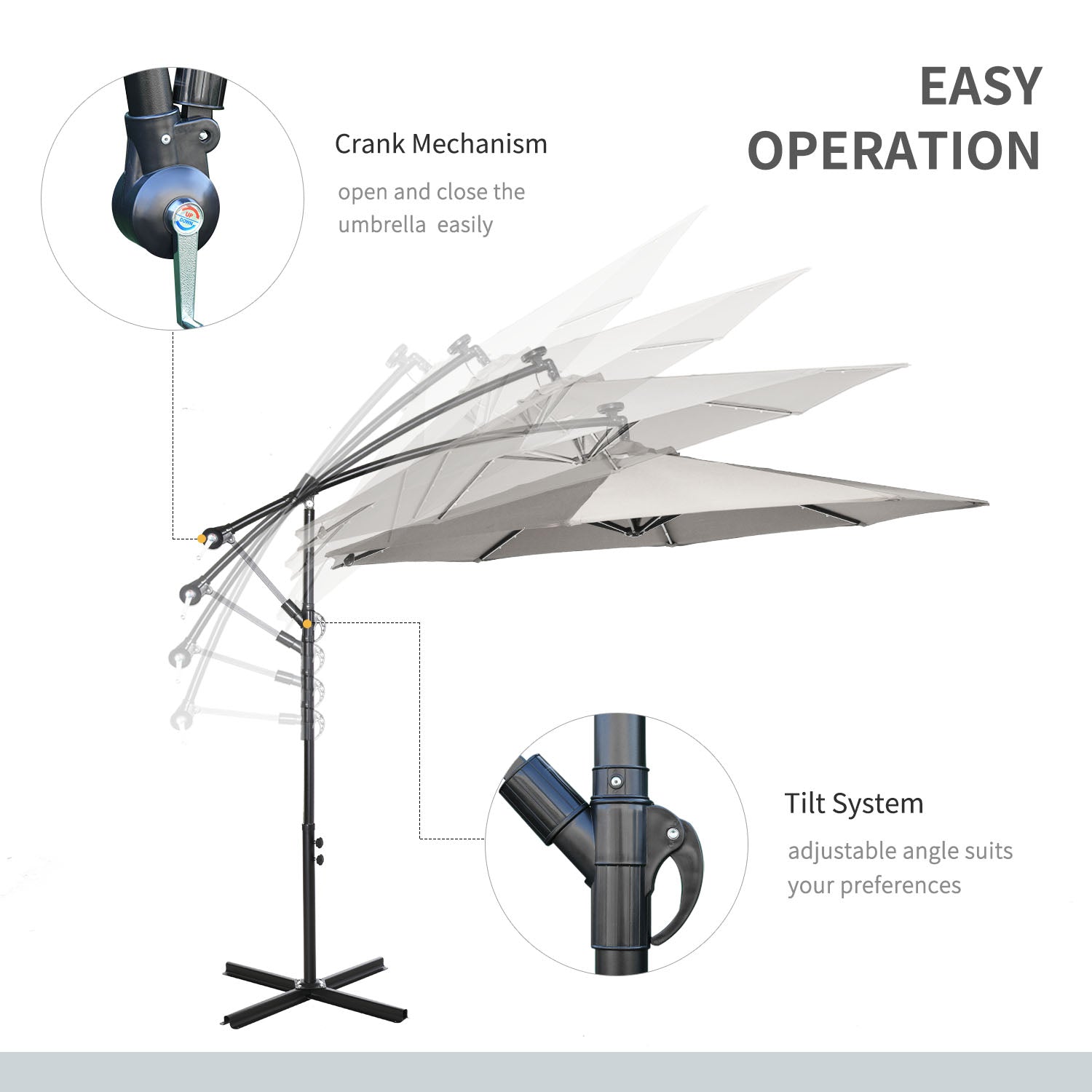 Outsunny Cantilever Umbrella: 10ft Outdoor Banana with Solar Lights Adjustable Angle Light Grey 