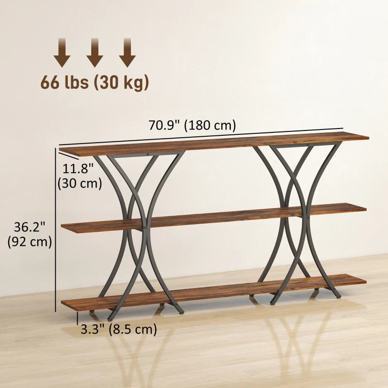 71" Console Table, 3-Tier Industrial Entryway Table with 2 Storage Shelves for Living Room, Hallway, Rustic Brown