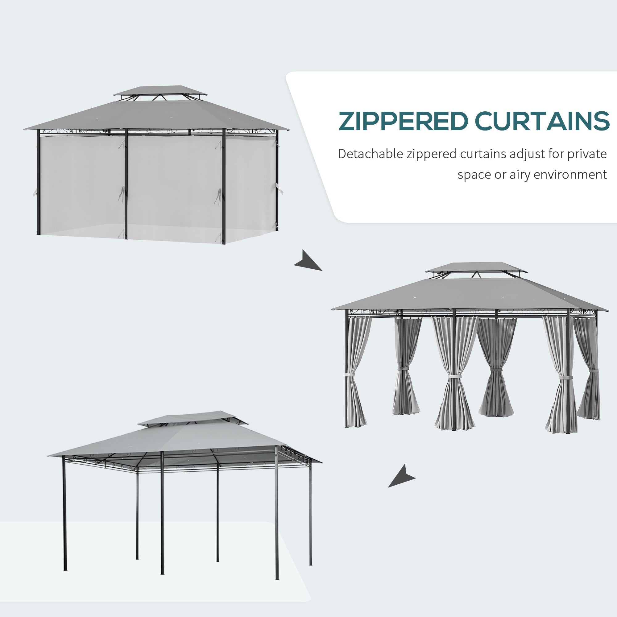 Outsunny 10' x 13' Outdoor Patio Gazebo 2-Tiers Canopy Sunshade Shelter with Curtains Dark Grey 