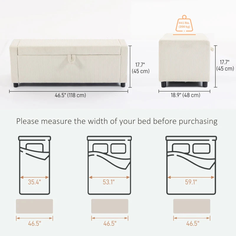 Storage Ottoman, Upholstered Corduroy End of Bed Bench with Thick Padding, Storage Bench for Bedroom, Beige