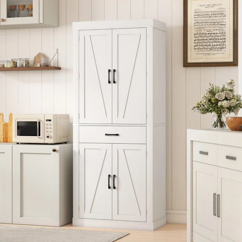 72" Kitchen Pantry Cabinet, Farmhouse Kitchen Storage Cabinet with 4 Barn Doors, 6 Door Shelves, Drawer, White