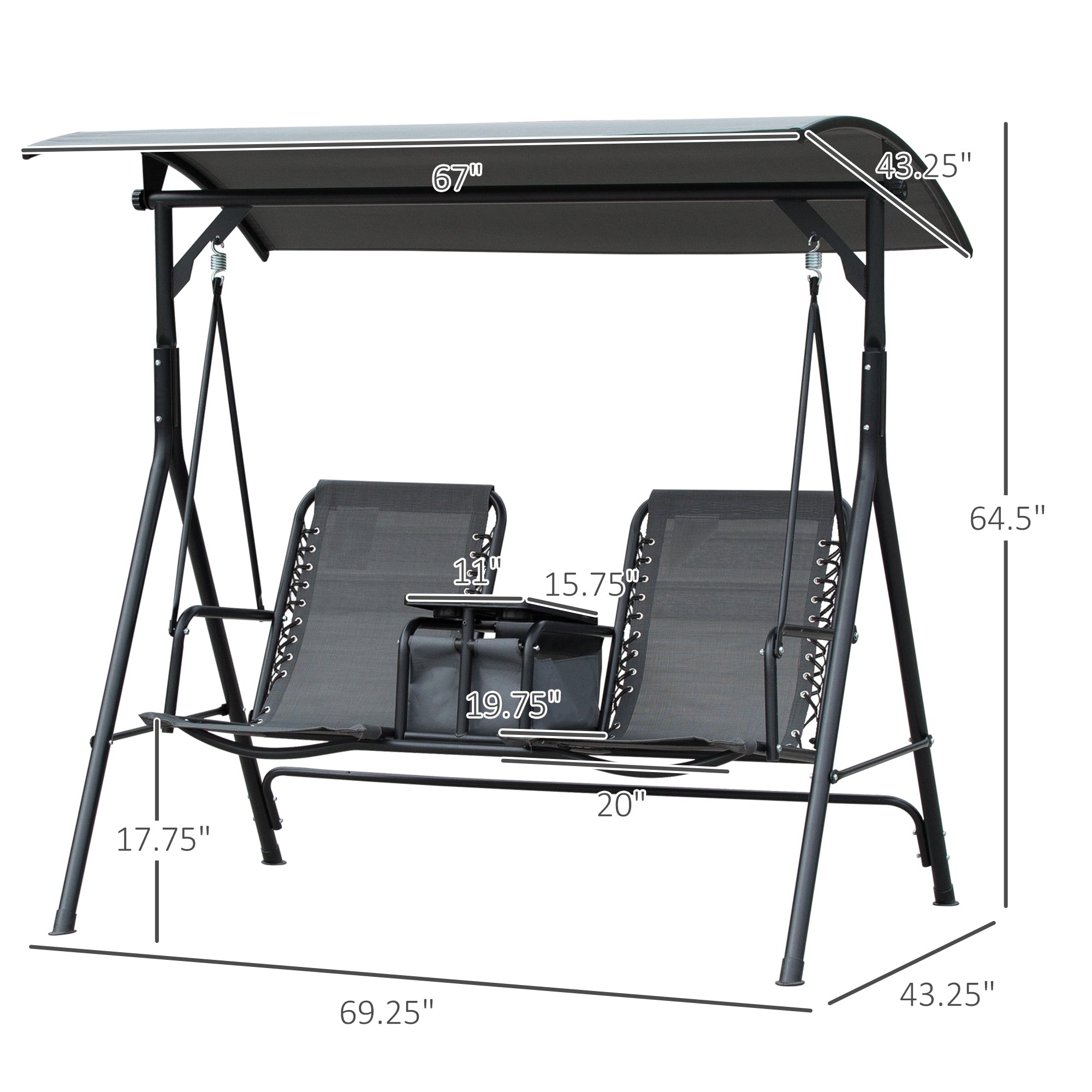 Outsunny 2-Person Patio Swing Chair Covered Porch Swing with Pivot Storage Table, Cup Holder, & Adjustable Overhead Canopy, Grey 