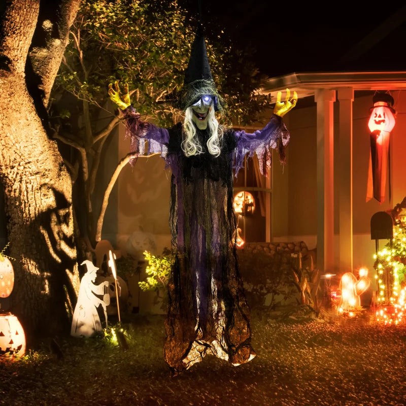 Outsunny Life-Size Animated Hanging Witch – Glowing LED Eyes, Battery Operated Halloween Decoration 
