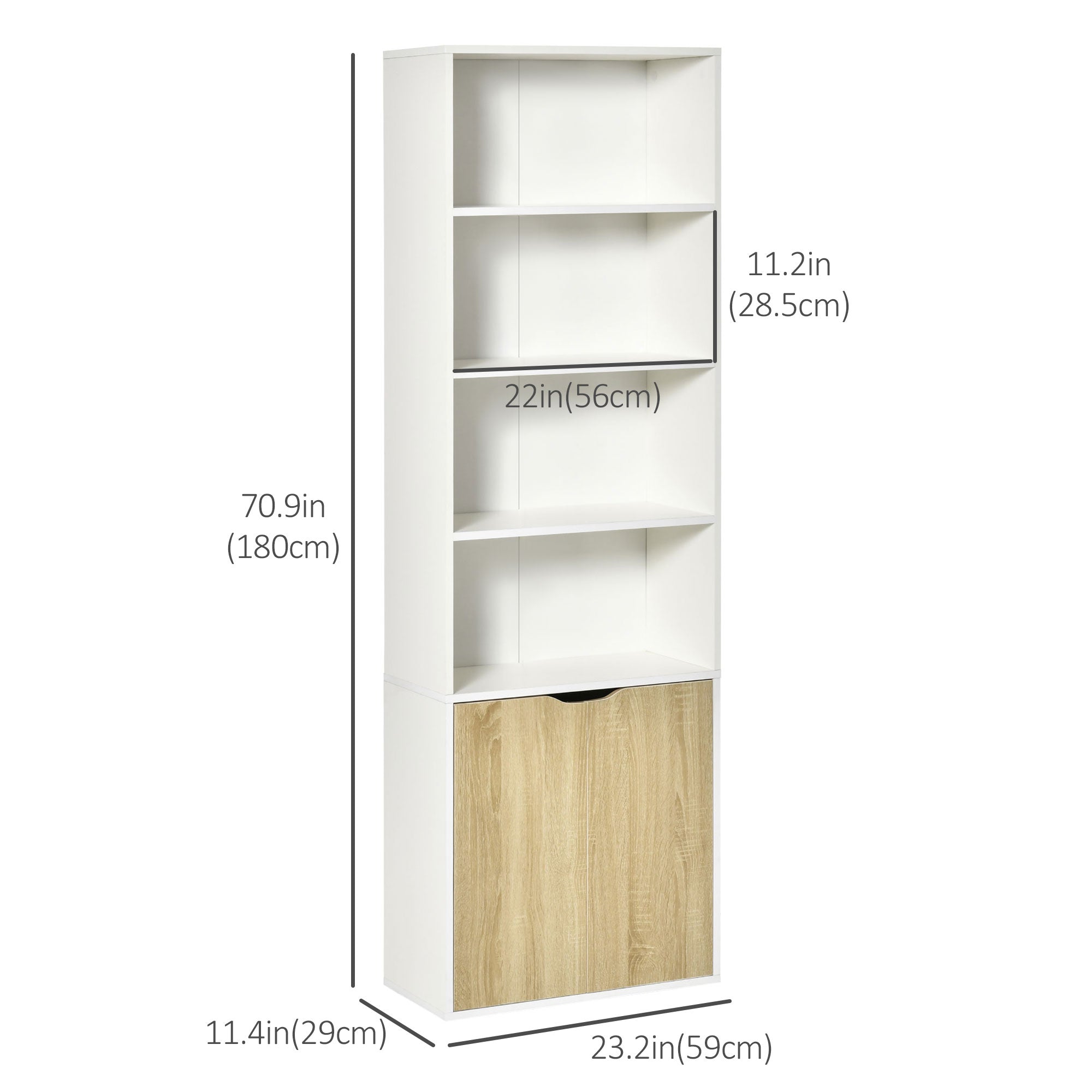 HOMCOM 4-Tier Bookcase: Oak Finish Storage Cabinet with Doors for Home Office/Living Room 