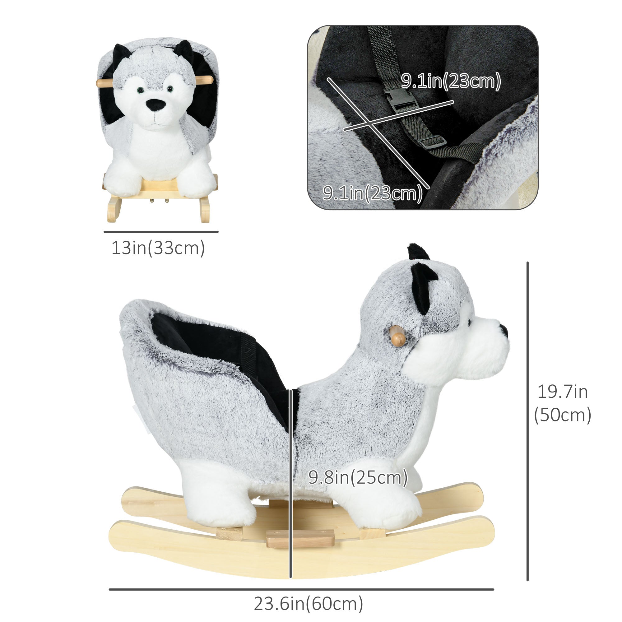Qaba Husky Rocking Horse for Kids - Plush Ride-On Toy with Realistic Sounds & Seat Belt, 18-36 Months, Grey 