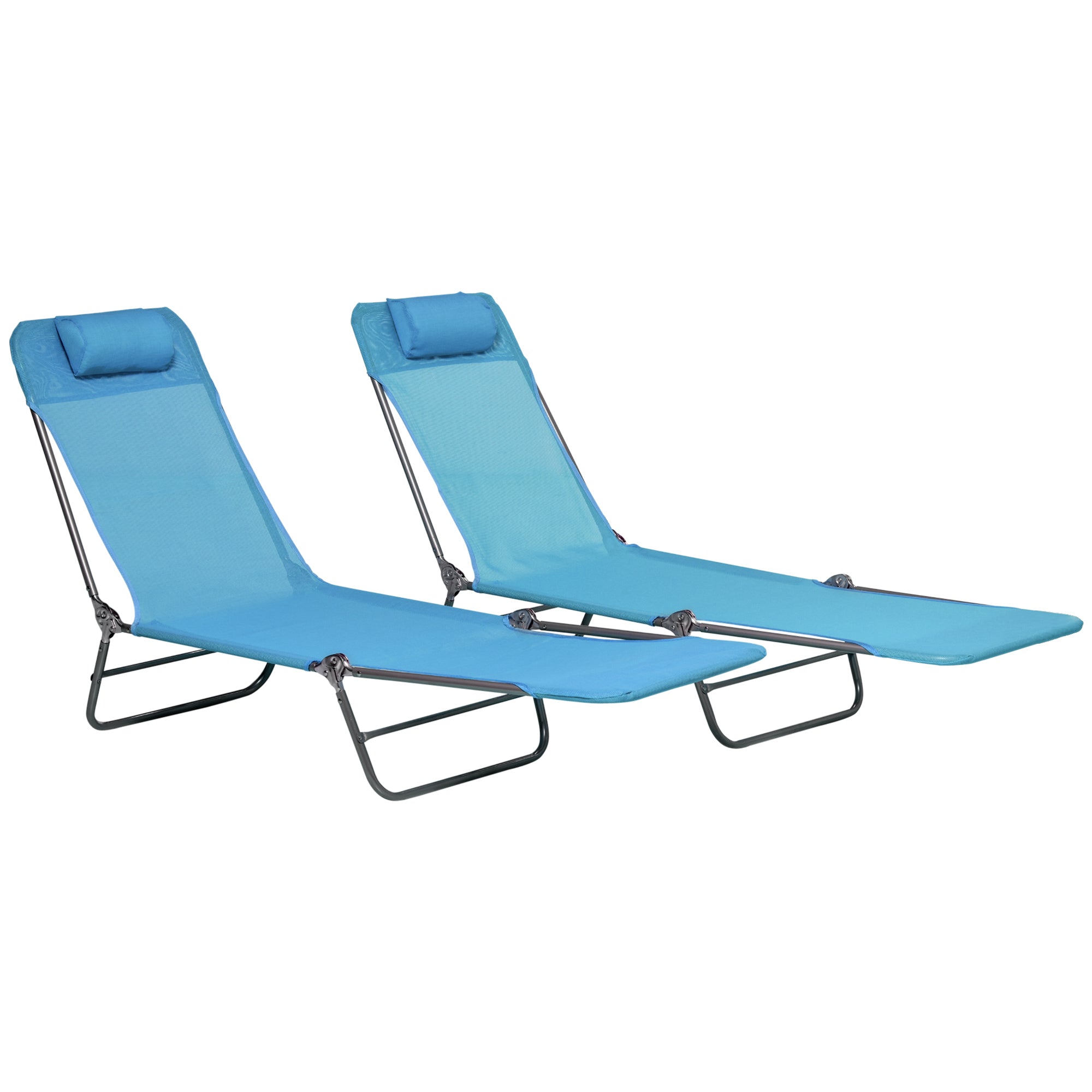 Outsunny Poolside Relaxation: Folding Chaise Lounge Chairs Set of 2, Outdoor Sun Tanning with Pillow, Reclining Backrest, Blue Tone 