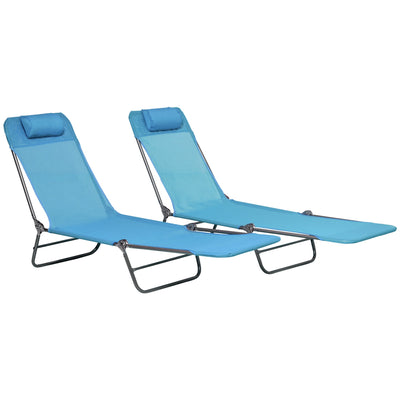 Outsunny Poolside Relaxation: Folding Chaise Lounge Chairs Set of 2, Outdoor Sun Tanning with Pillow, Reclining Backrest, Blue Tone 