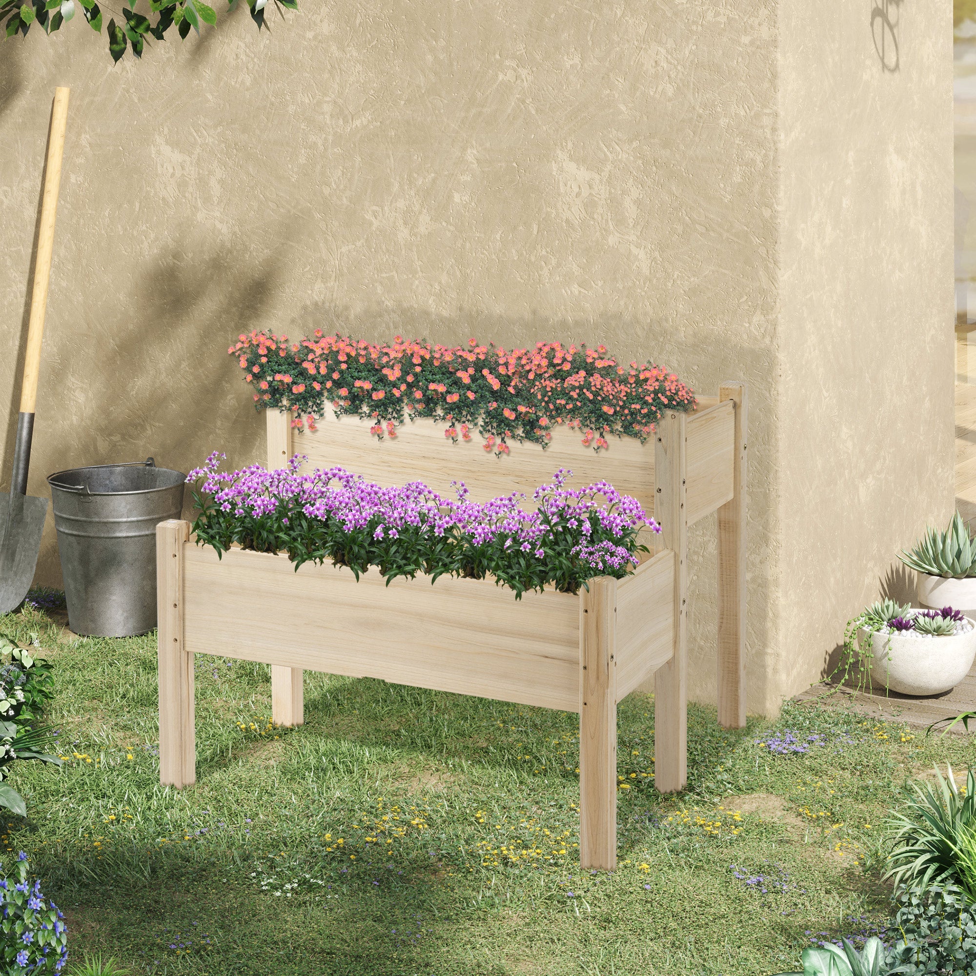 Outsunny 34"x34"x28" Wooden 2-Tier Raised Garden Bed Planter Box for Vegetables, Herbs, Flowers, Backyard, Patio, in Natural Wood 