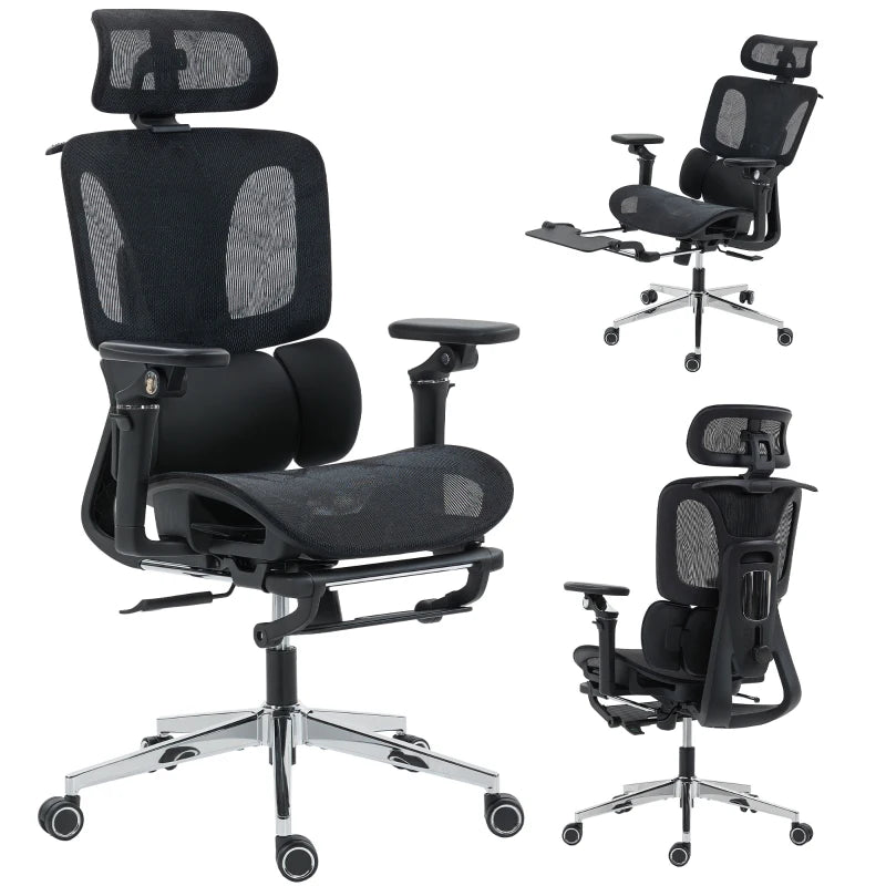 Ergonomic Office Chair, Mesh Computer Chair with High Back, Lumbar Support, 6D Armrests, Headrest, Footrest, Black