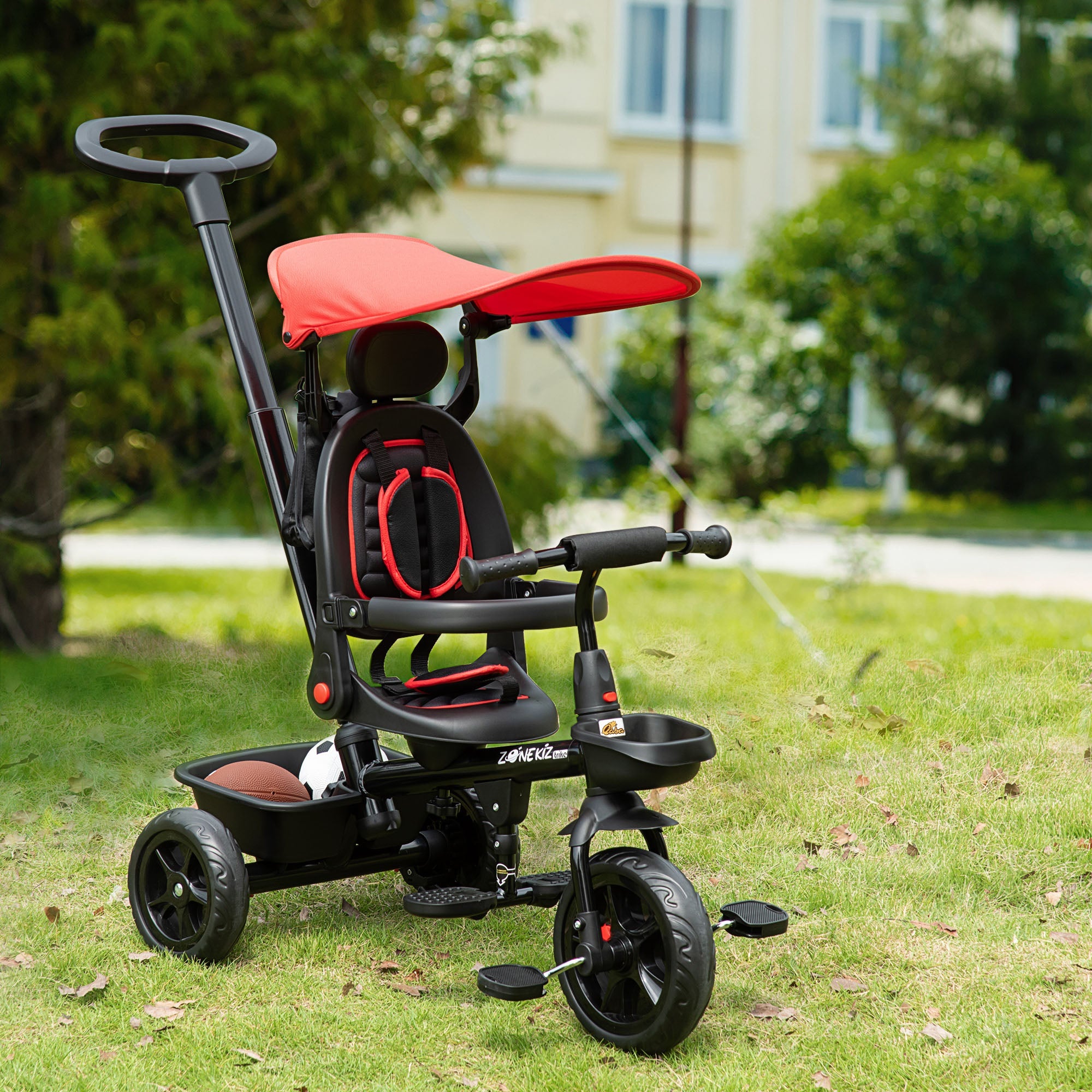 Aosom Qaba Stroller Trike: Baby Tricycle 4 In 1, Reversible Seat, Adjustable Removable Canopy, Handrail Belt, Red 