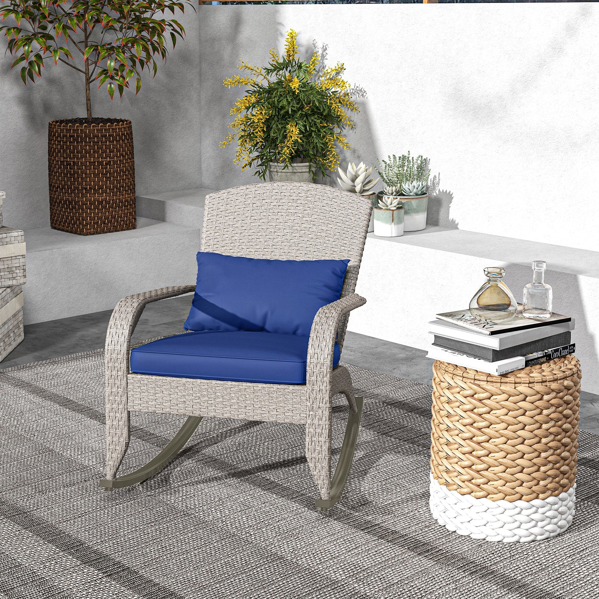 Outsunny Adirondack Chair, Outdoor Wicker Rocking Chair with High Back, Seat Cushion and Pillow for Porch, Balcony, Dark Blue 