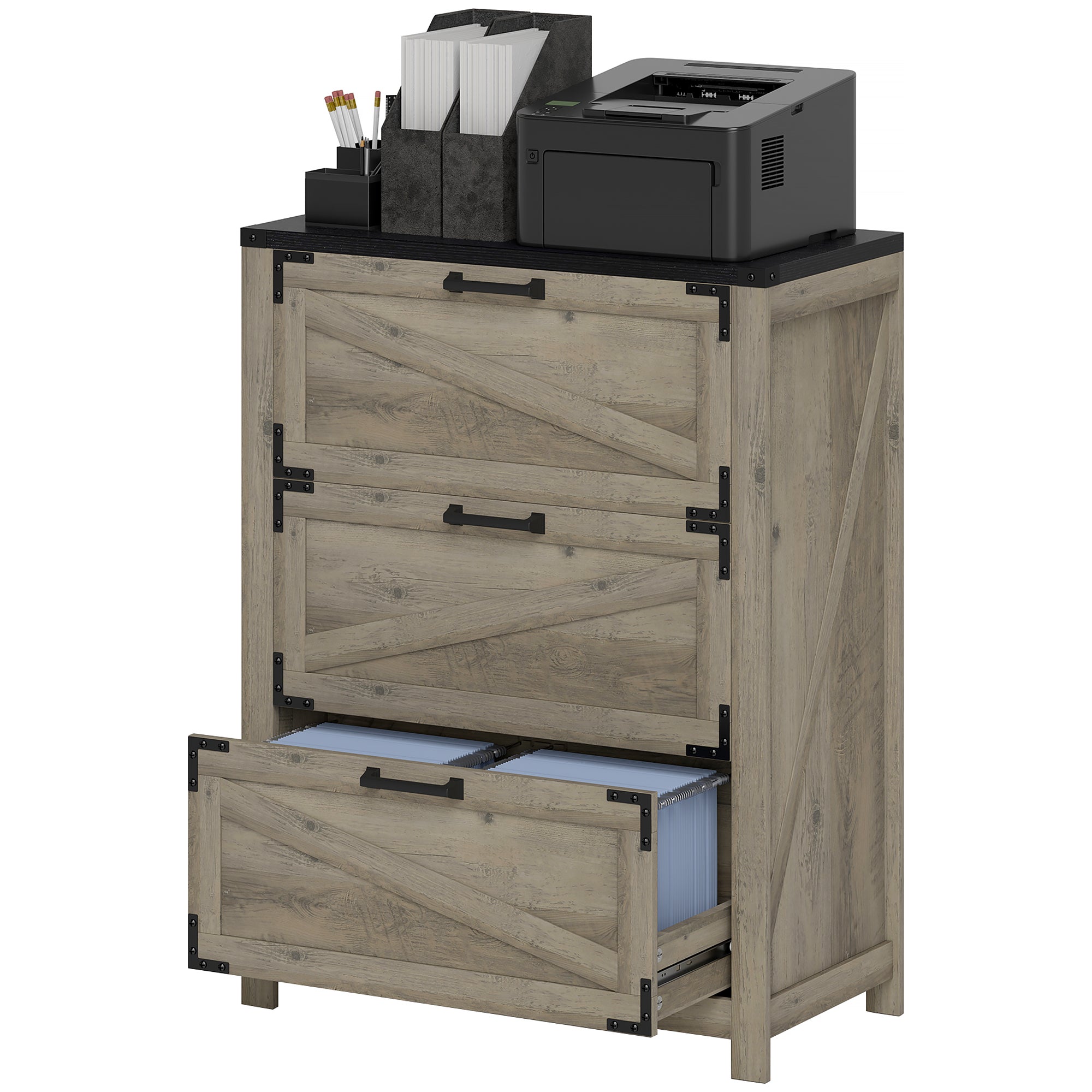 HOMCOM 3 Drawer Filing Cabinet, Farmhouse Office Storage Cabinet with Adjustable Hanging Bars for Letter, A4, Legal Size, Grey 