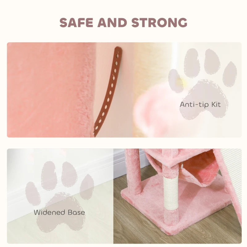 Cat Tree, 70" Multi-Level Cat Tower with 2 Condos, 2 Perches, Hammock, Toy Balls, Scratching Posts and Board, Pink