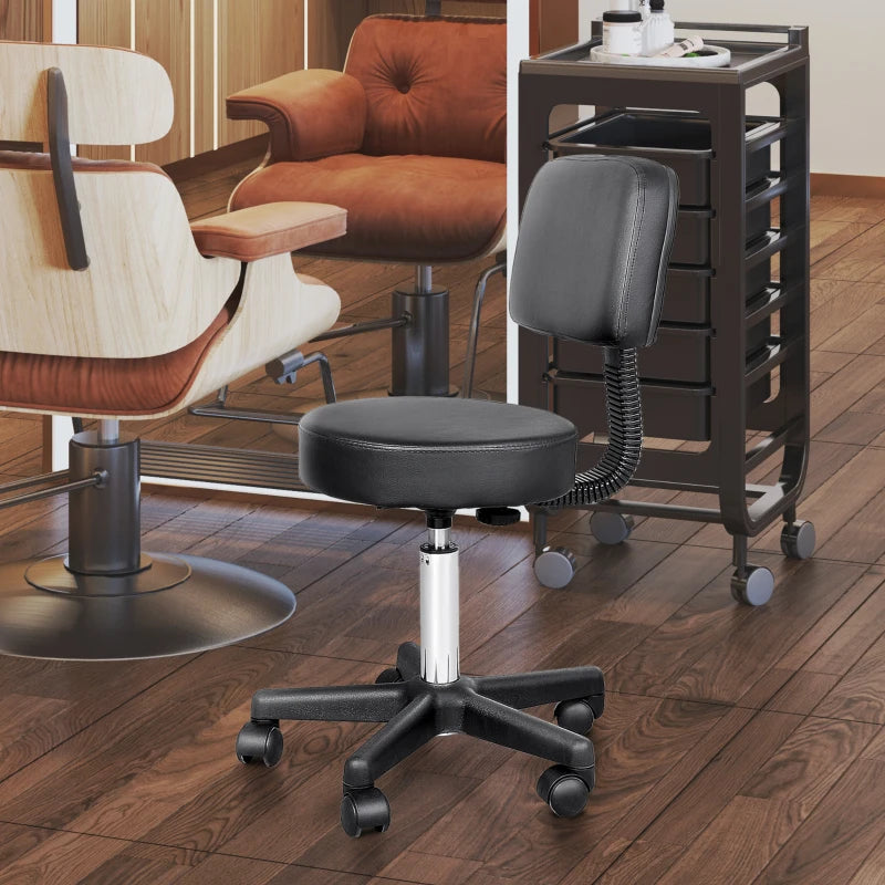 PU Leather Adjustable Rolling Stool, Round Swivel Drafting Stool with Back, Wheels, Black