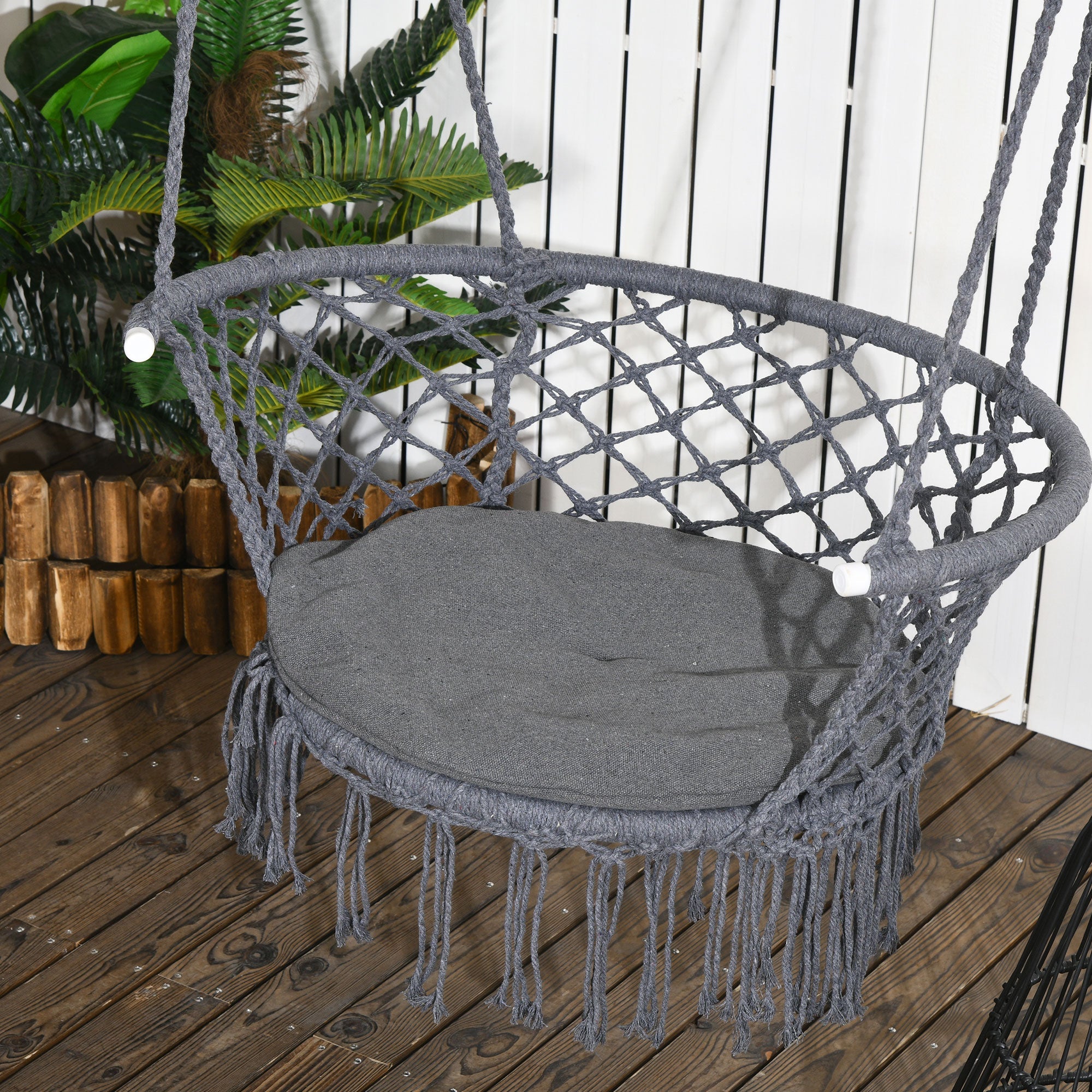 Outsunny Cotton Rope Hanging Hammock Chair Porch Swing with Metal Frame and Cushion Comfortable Dark Grey 