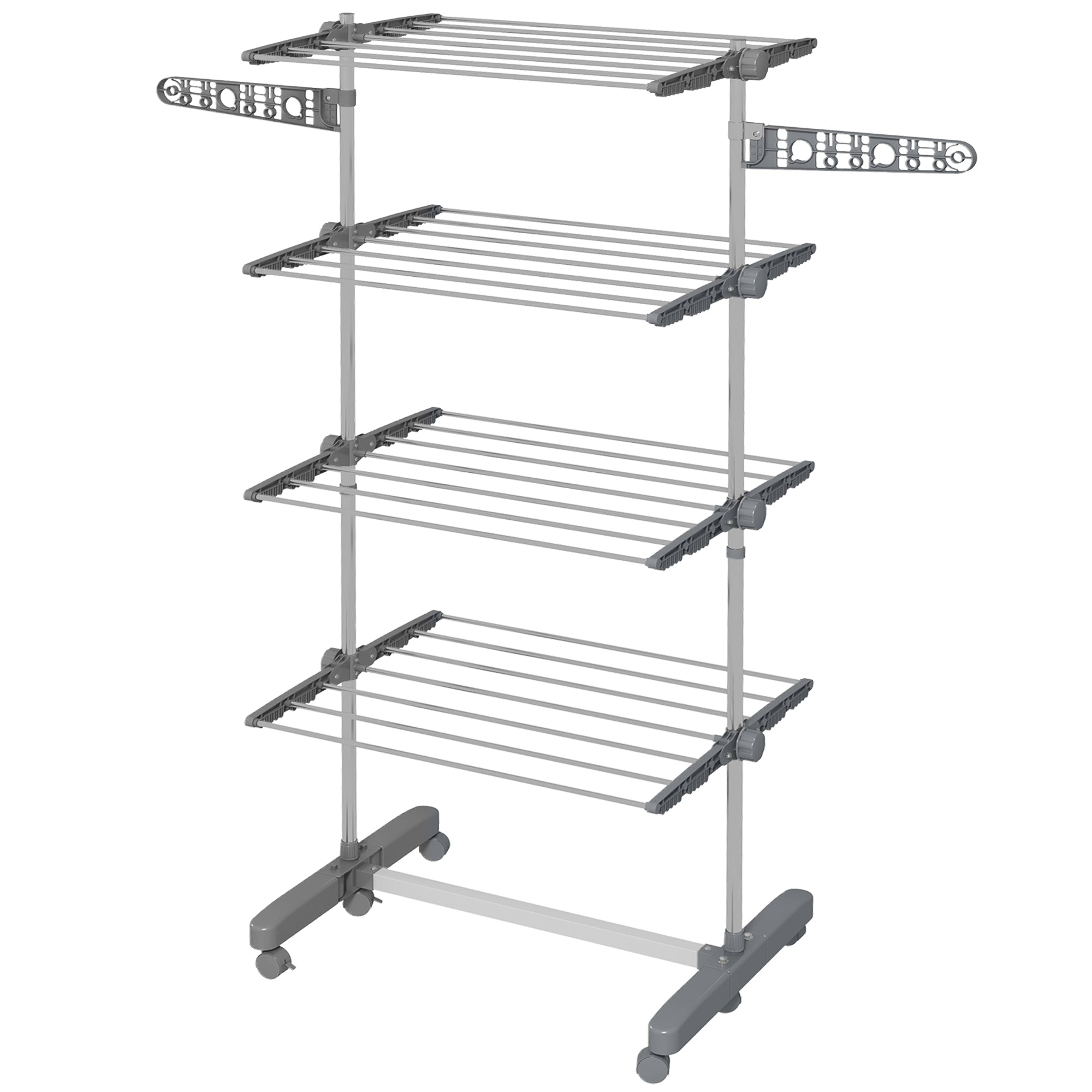 HOMCOM Laundry Rack Drying 4-Tier Stainless Steel Foldable Clothes Airer with Side Wings 6 Castors Grey 