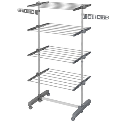 HOMCOM Laundry Rack Drying 4-Tier Stainless Steel Foldable Clothes Airer with Side Wings 6 Castors Grey 