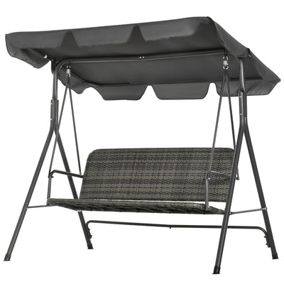 Outsunny 3 Seater Rattan Outdoor Patio Swing with Adjustable Canopy and Stand for Garden Porck Backyard, Grey 
