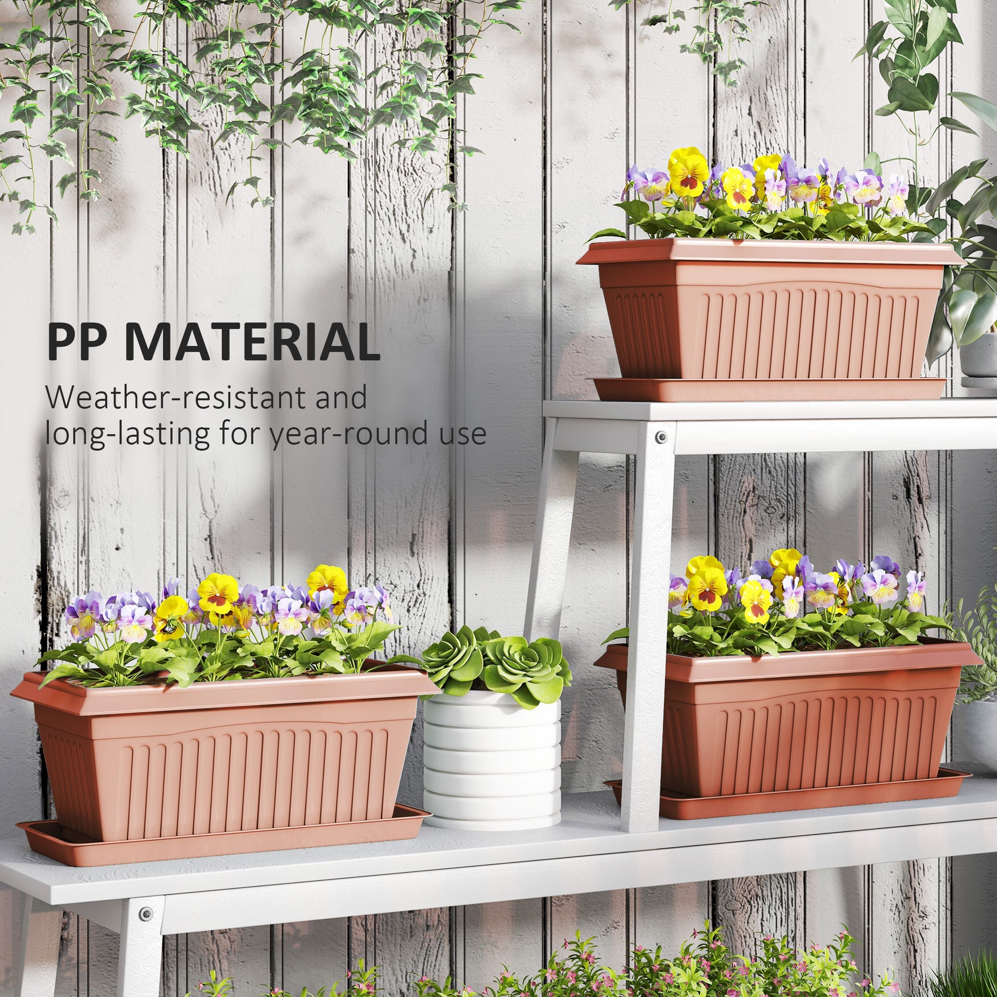 Outsunny 7 Pack 15.7" Plastic Flower Planters with Drainage Holes and Trays, Plant Pots for Indoor Outdoor Plants, Brown 