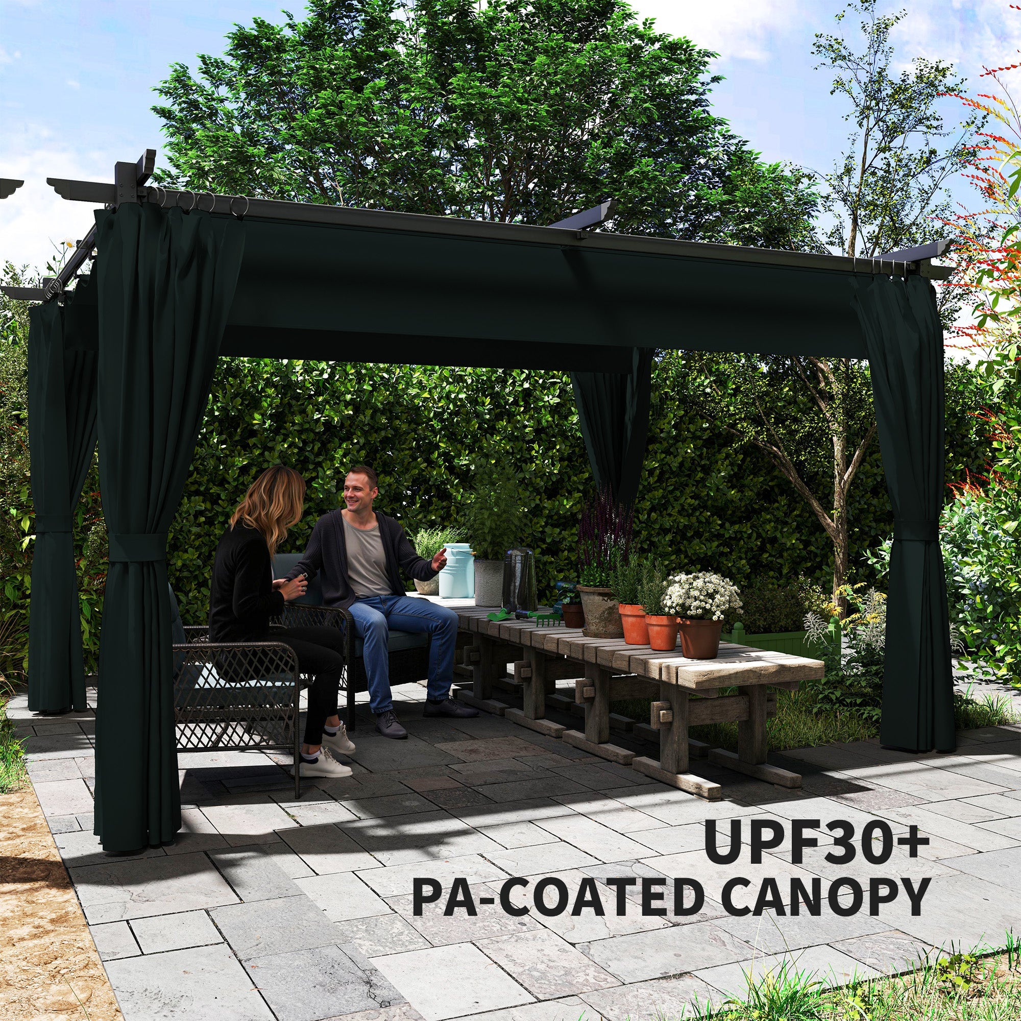 Outsunny 10' x 13' Pergola with Retractable Canopy and Curtains, UPF30+ Sun Shade Shelter for Grill, Garden, Backyard, Deck 