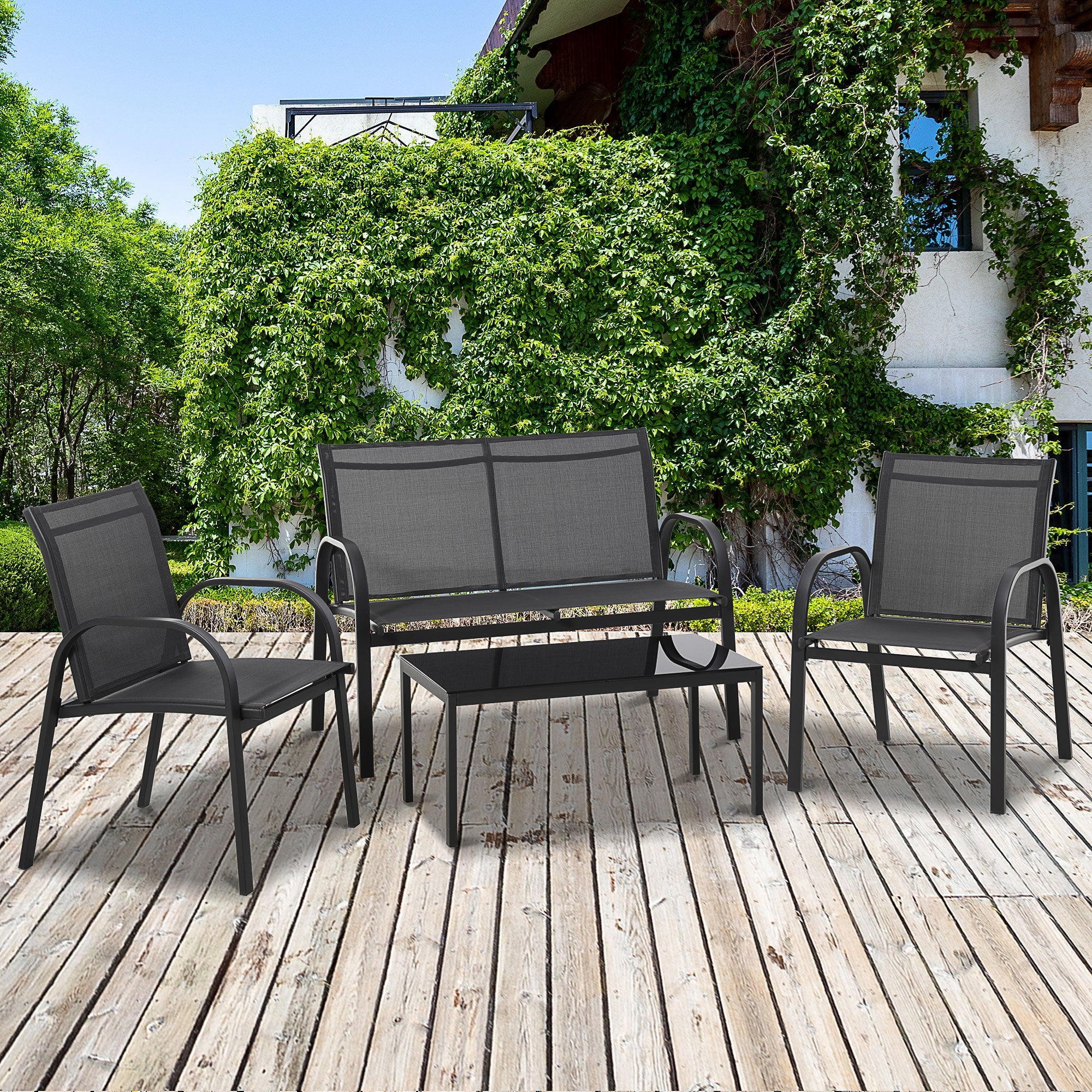 Outsunny 4-Piece Patio Furniture Set Garden Conversation Set with Loveseat, Single Chairs and Coffee Table 