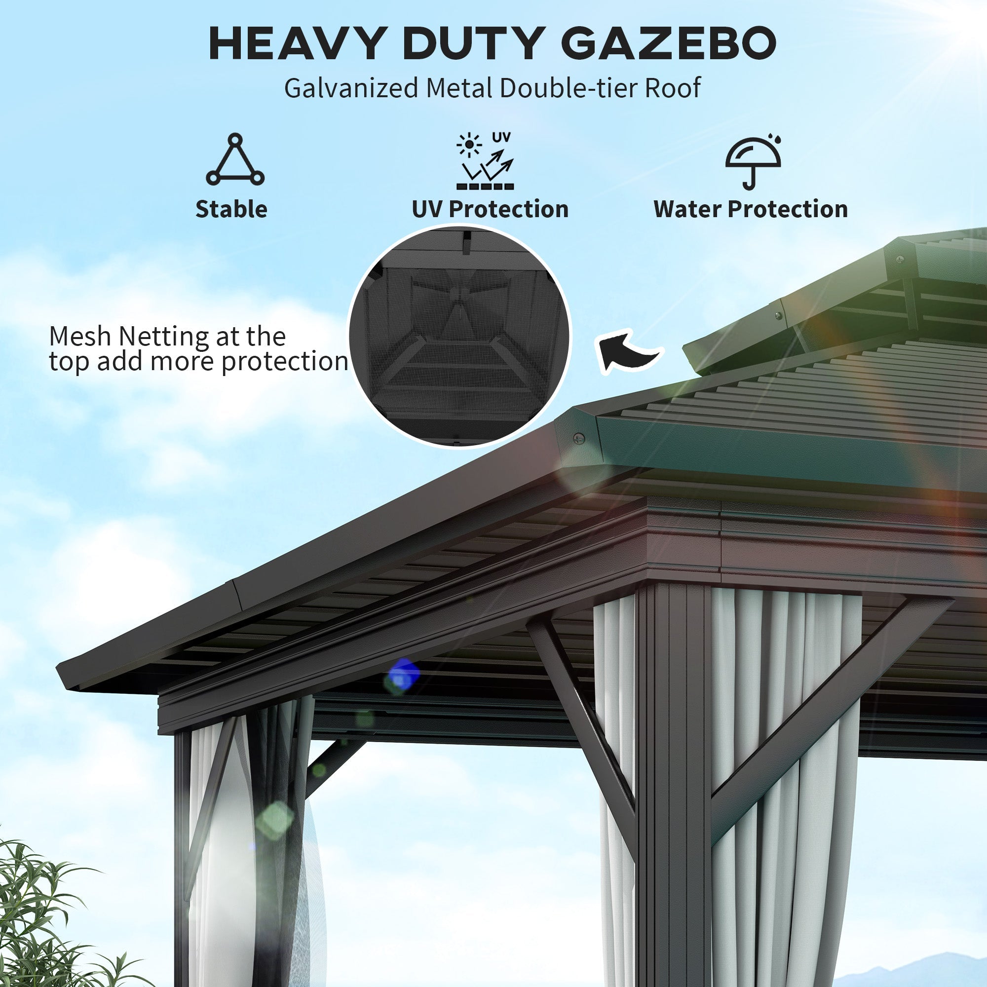 Outsunny 10' x 10' Hardtop Gazebo, Sun Shelter with Double Tier Metal Roof, Mosquito Netting, and Hanging Hook, Light Grey 