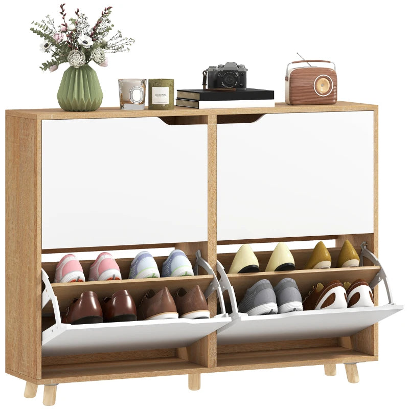 Narrow Shoe Cabinet, Shoe Storage Cabinet with 4 Flip Drawers and Adjustable Shelves for 16 Pairs of Shoes, Natural