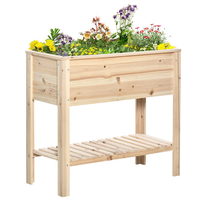 Outsunny Elevated Wooden Planter Box with Shelf for Flowers Vegetables Herbs 36" x 16" x 32" Natural 