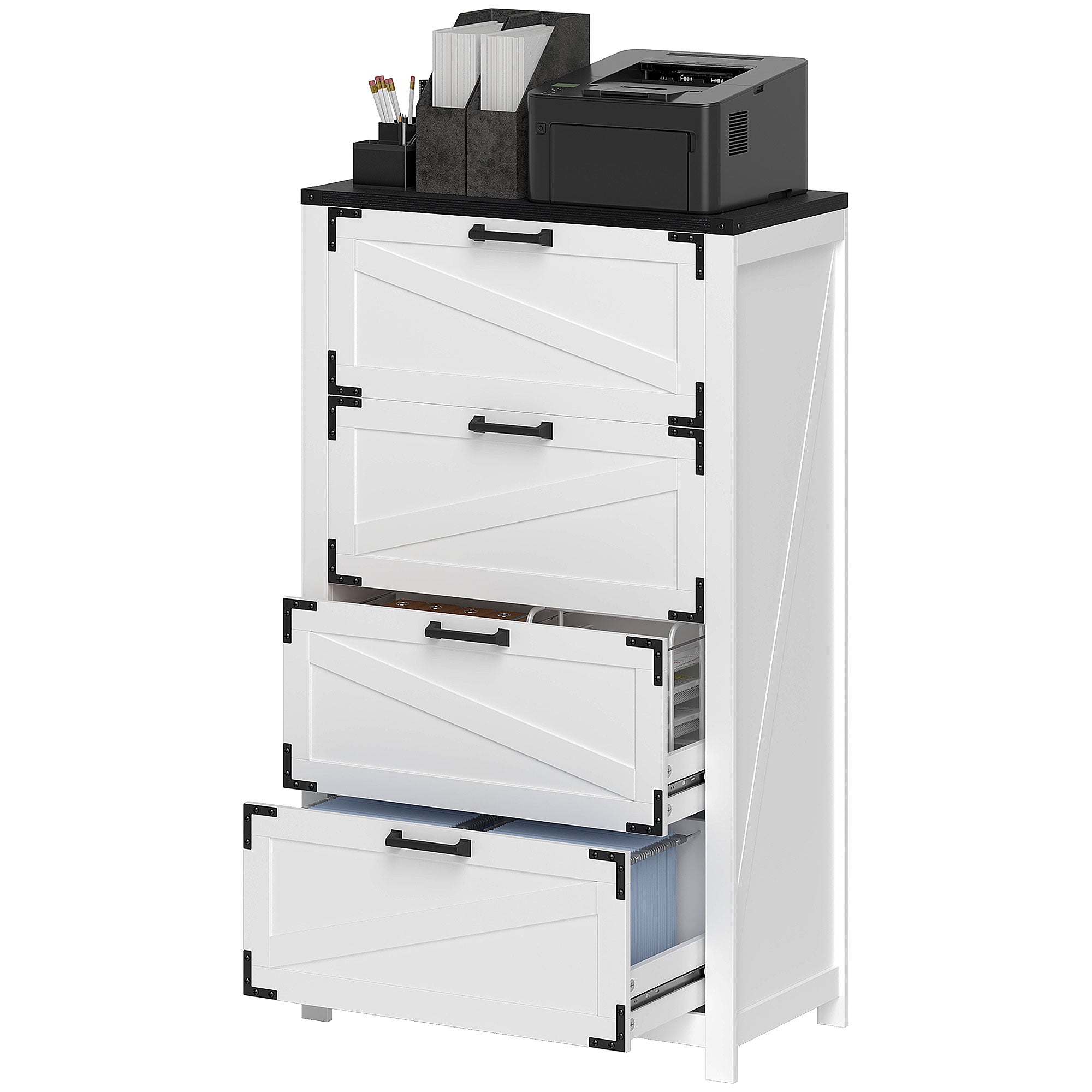 HOMCOM 4 Drawer Filing Cabinet, Farmhouse Office Storage Cabinet with Adjustable Hanging Bars for Letter, A4, Legal Size, White 