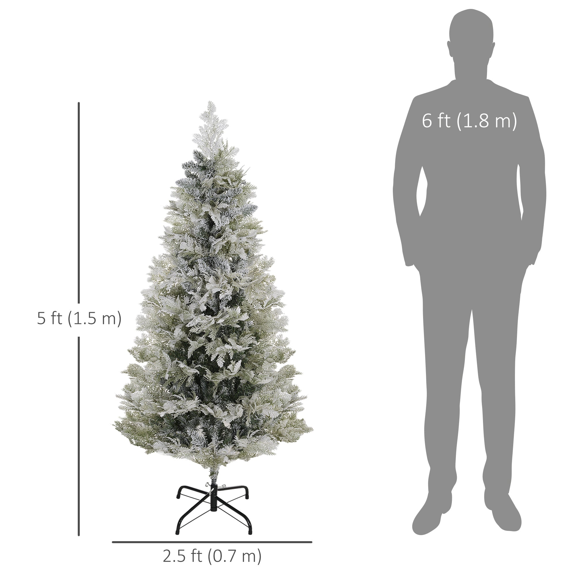 HOMCOM 5 Feet Pencil Snow Flocked Artificial Christmas Tree with 517 Realistic Cypress Branches, Auto Open, Green 