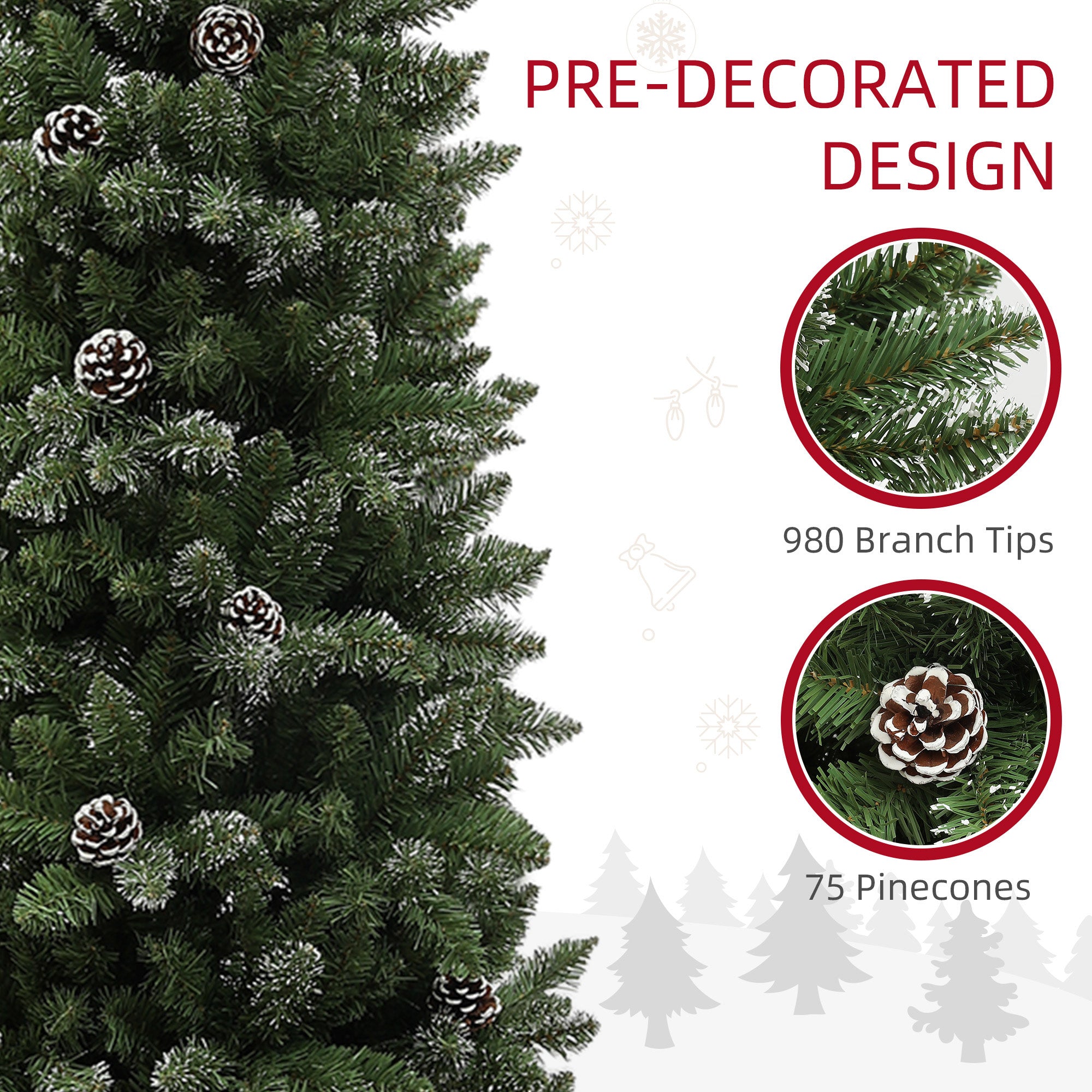 HOMCOM 7ft Artificial Pencil Christmas Tree with 980 Branches, Pinecones, Metal Stand, Realistic Xmas Tree for Home 