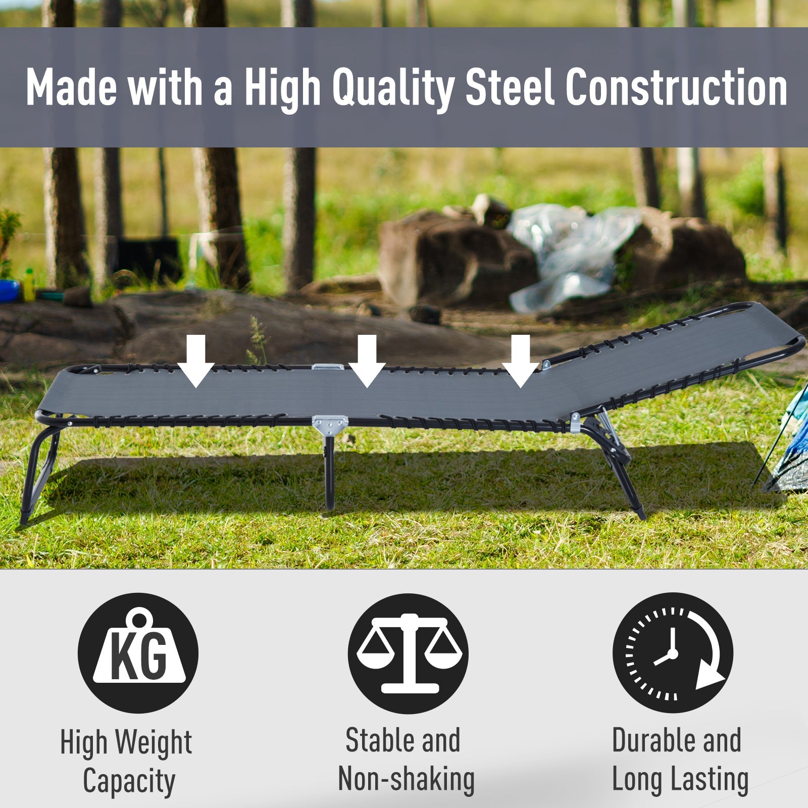 Outsunny Adjustable Folding Beach Bed 4-Level Reclining Lounger Lightweight Portable Camping Grey 