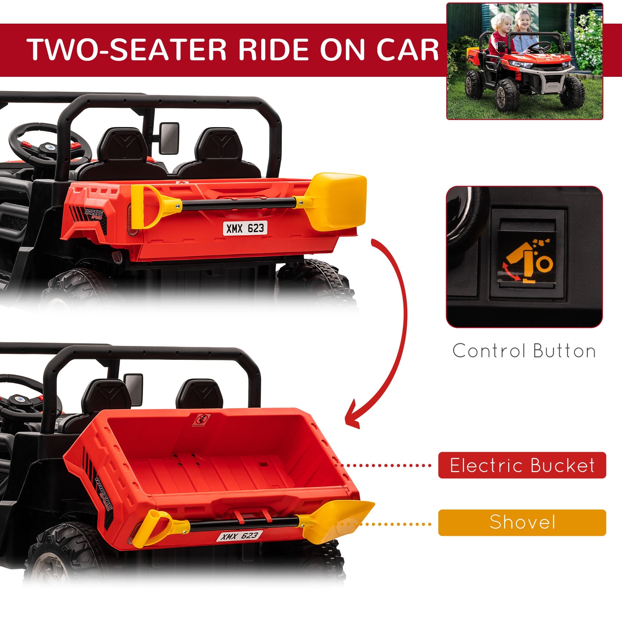 Aosom Kids Ride on Car 12V with Electric Bucket, Two-Seater Battery-Powered Cars for Kids with Shovel, Remote Control, Spring Suspension| Aosom Canada 