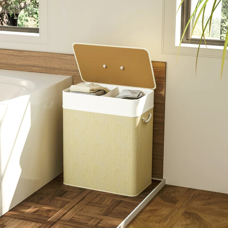 Double Laundry Basket with Lid, 100L Bamboo Laundry Hamper with Rope Handles and Removable Bags, Natural
