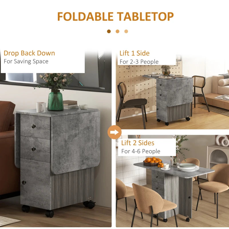 Drop Leaf Dining Table, Mobile Folding Table on Wheels with Drawers and Cabinet for Dining Room, Kitchen, Grey