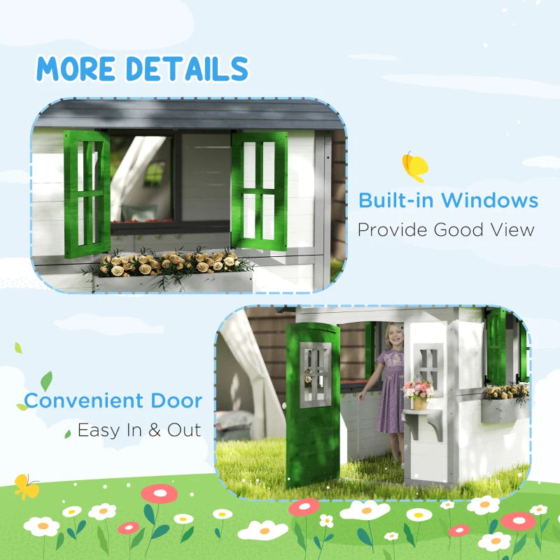 Wooden Playhouse for Kids Outdoor with Door, Windows, Planter Pots and Boxes for Toddlers 3-8 Years, White