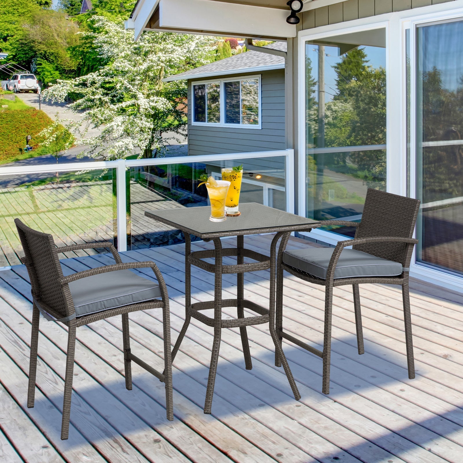 Outsunny 3 Pieces Patio Bar Set Wicker Garden Bistro Set Outdoor Furniture PE Rattan Table and Stools with Seat Cushion, Grey 