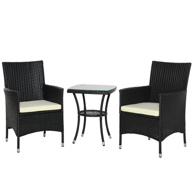 Outsunny 3PC Patio Bistro Set Outdoor Rattan Furniture Two Armchairs Glass Top Coffee Table Porch Black 
