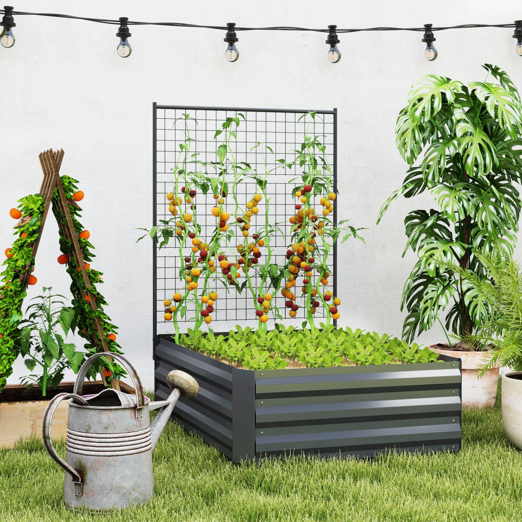 Outsunny Galvanized Raised Garden Bed with Trellis for Climbing Plants, Outdoor Planter Box with Open Bottom, Dark Grey 