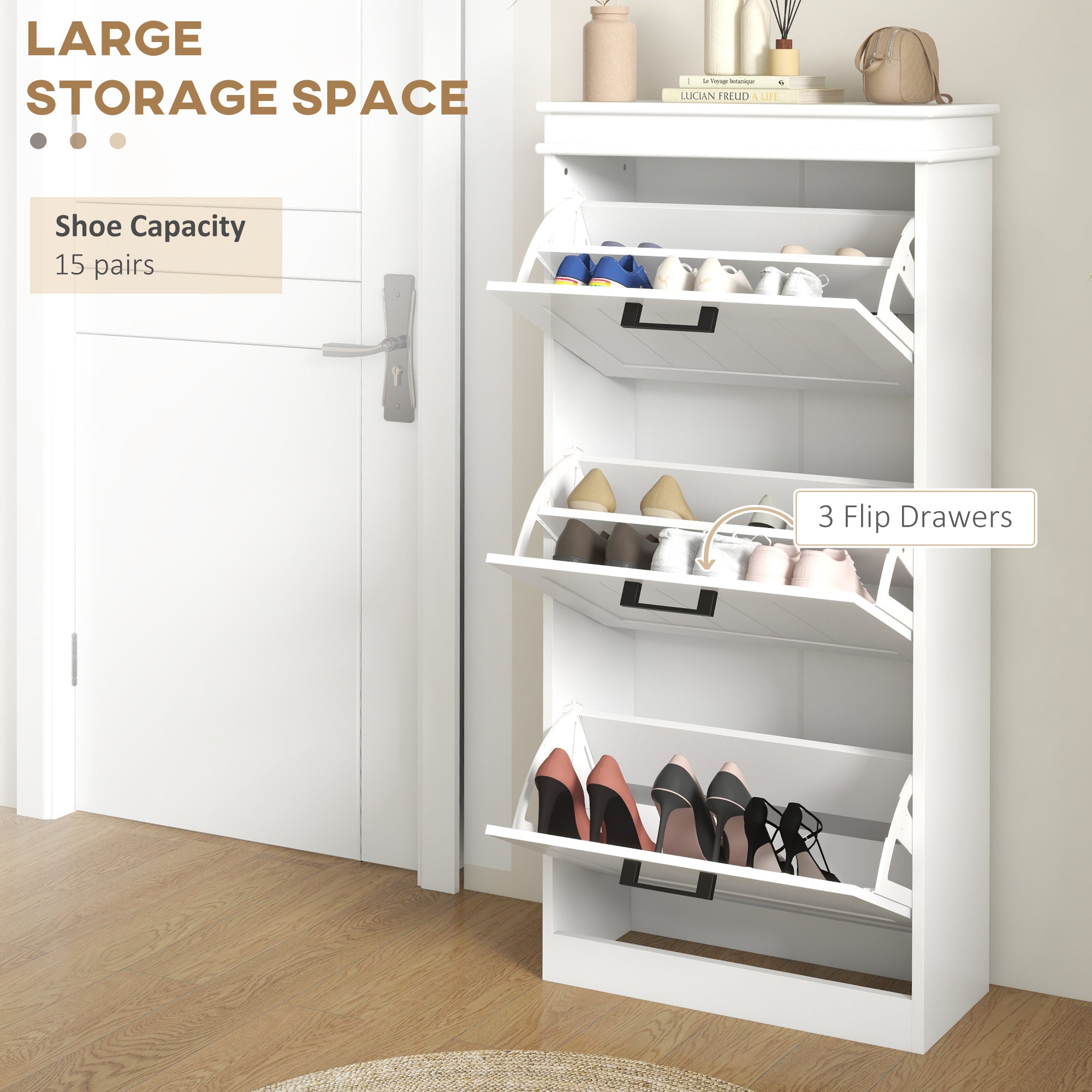 HOMCOM Narrow Shoe Cabinet: White Storage with 3 Flip Drawers & Adjustable Shelves for 15 Pairs, Sleek Look 
