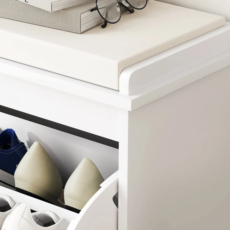 Entryway Bench with Padded Seat and Flip-Drawers, Holds up to 265lbs, Shoe Storage Bench for 6 Pairs of Shoes, White
