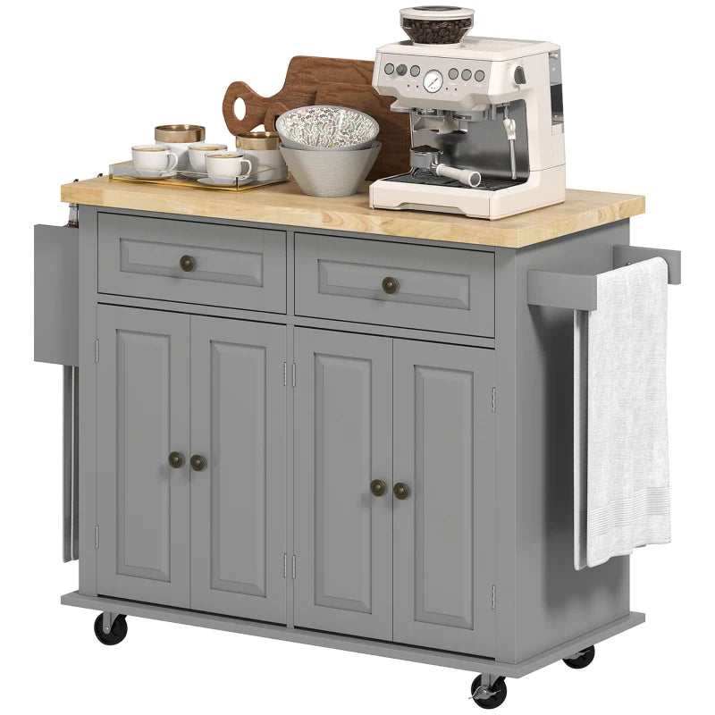Kitchen Island with Storage, Rolling Trolley Cart with Rubber Wood Top, Spice Rack, Towel Rack, 2 Locking Brakes,Grey