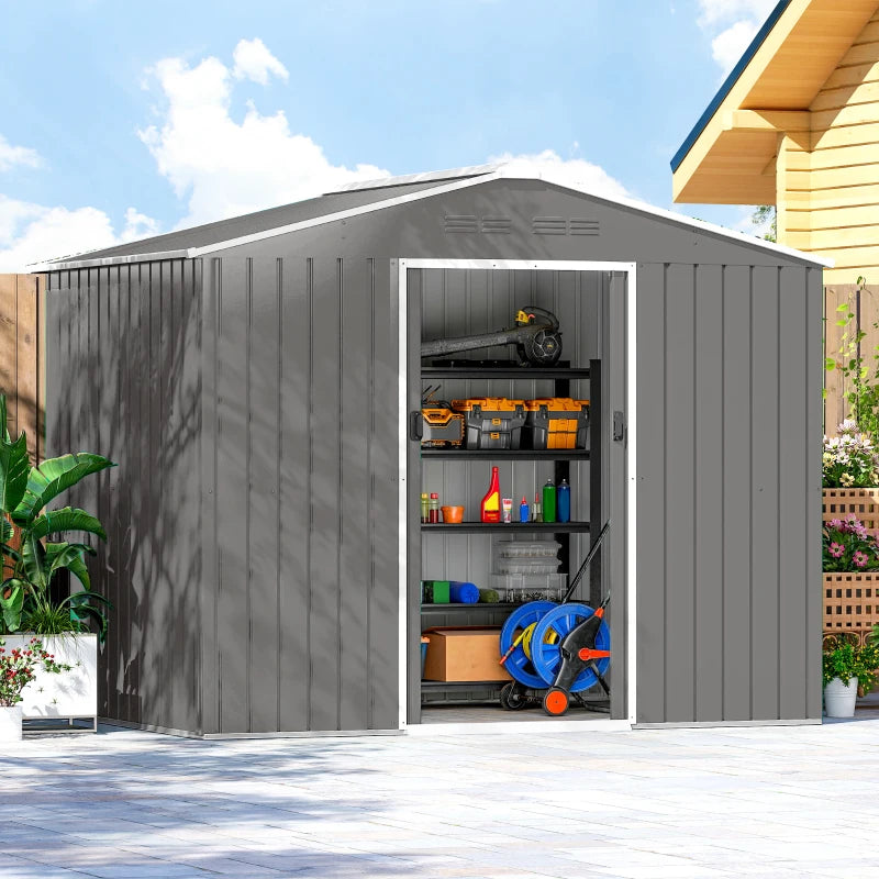 8' x 6' Outdoor Storage Shed, Metal Garden Tool Storage House with Lockable Sliding Doors and Vents, Light Grey