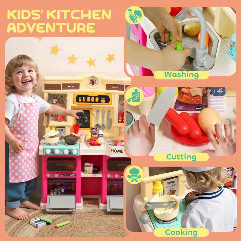 Qaba Play Kitchen Set, Kids Kitchen Playset with Real Lights and Sounds, Sink, Stove, Clock, Accessories, Pink