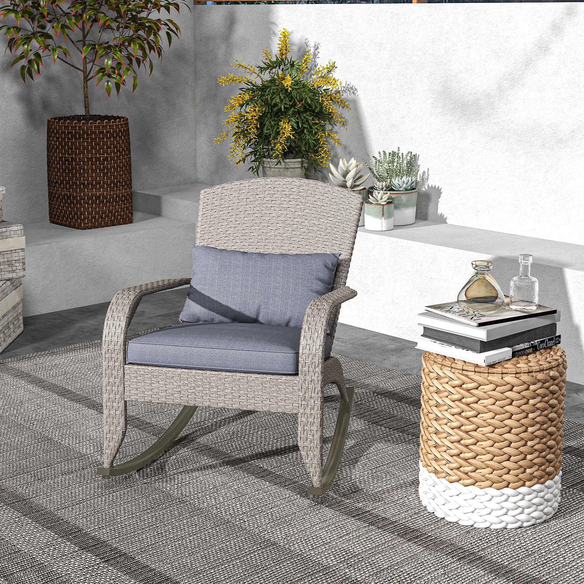 Outsunny Adirondack Chair, Outdoor Wicker Rocking Chair with High Back, Seat Cushion and Pillow for Porch, Balcony, Grey 