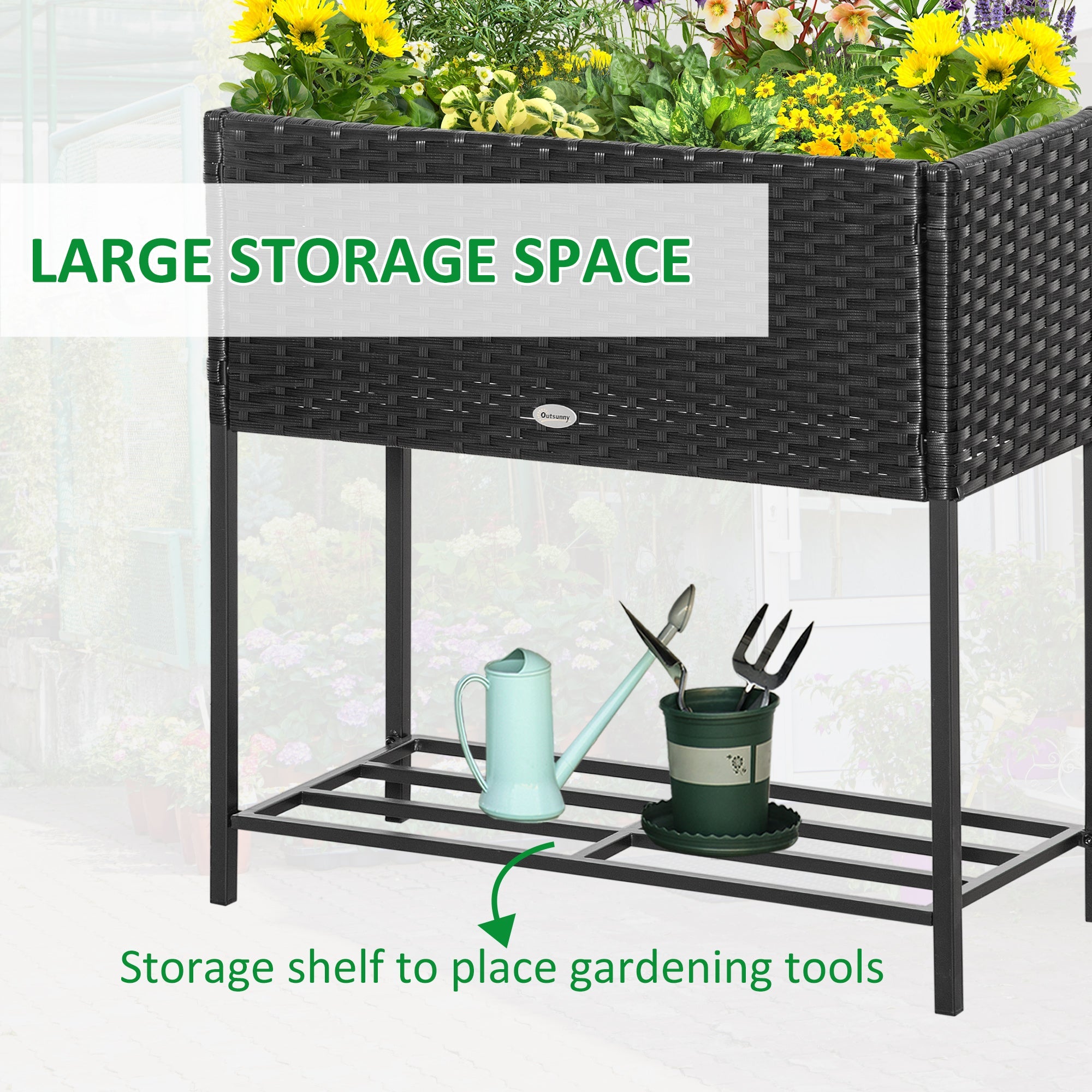 Outsunny Rattan Raised Garden Boxes, Elevated Flower Beds with Storage Shelf for Herbs, Flowers, Vegetables, Black 