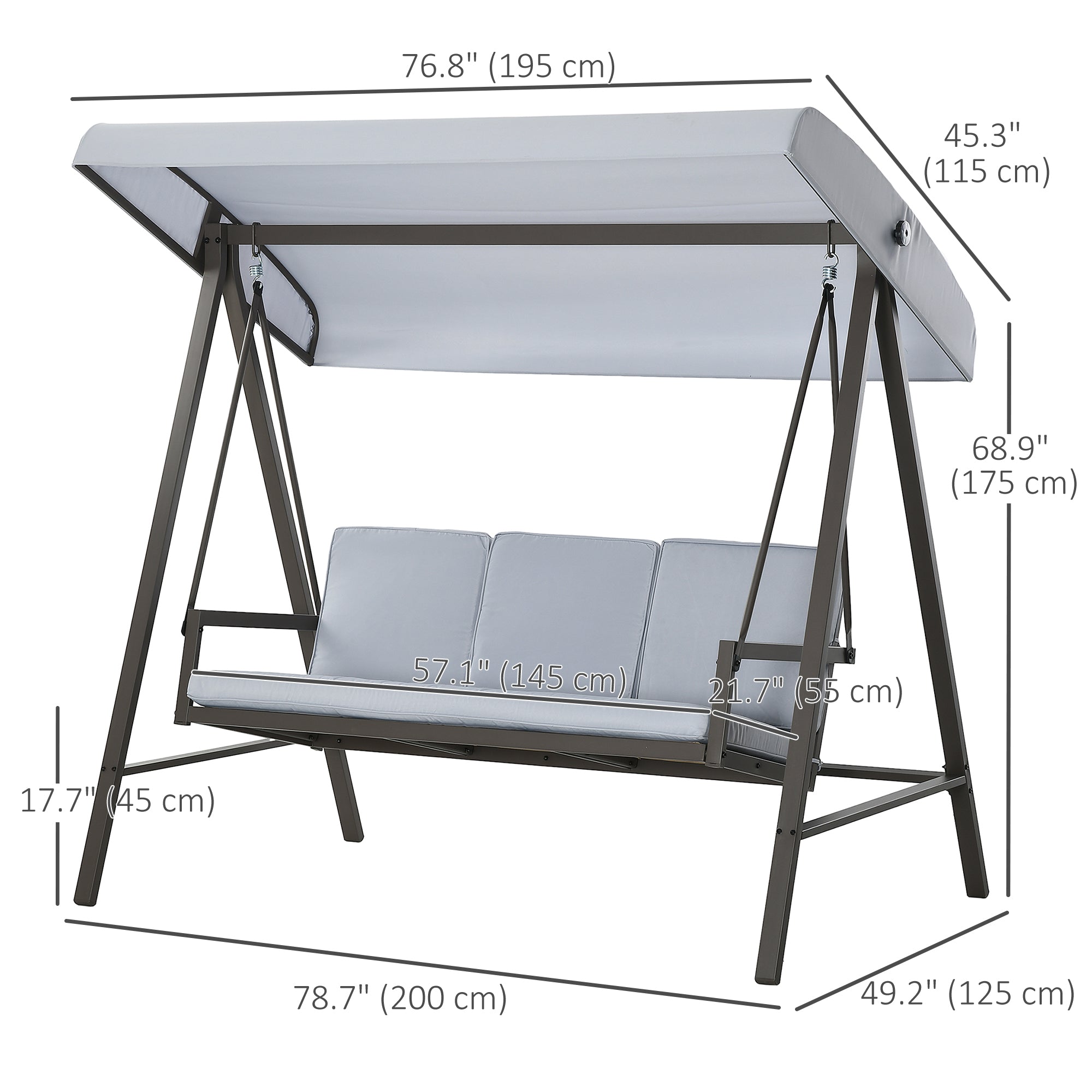 Outsunny 3 Seater Patio Swing Chair, Porch Swing with Adjustable Canopy and Removable Cushions, Outdoor Swing Seat, Light Grey 