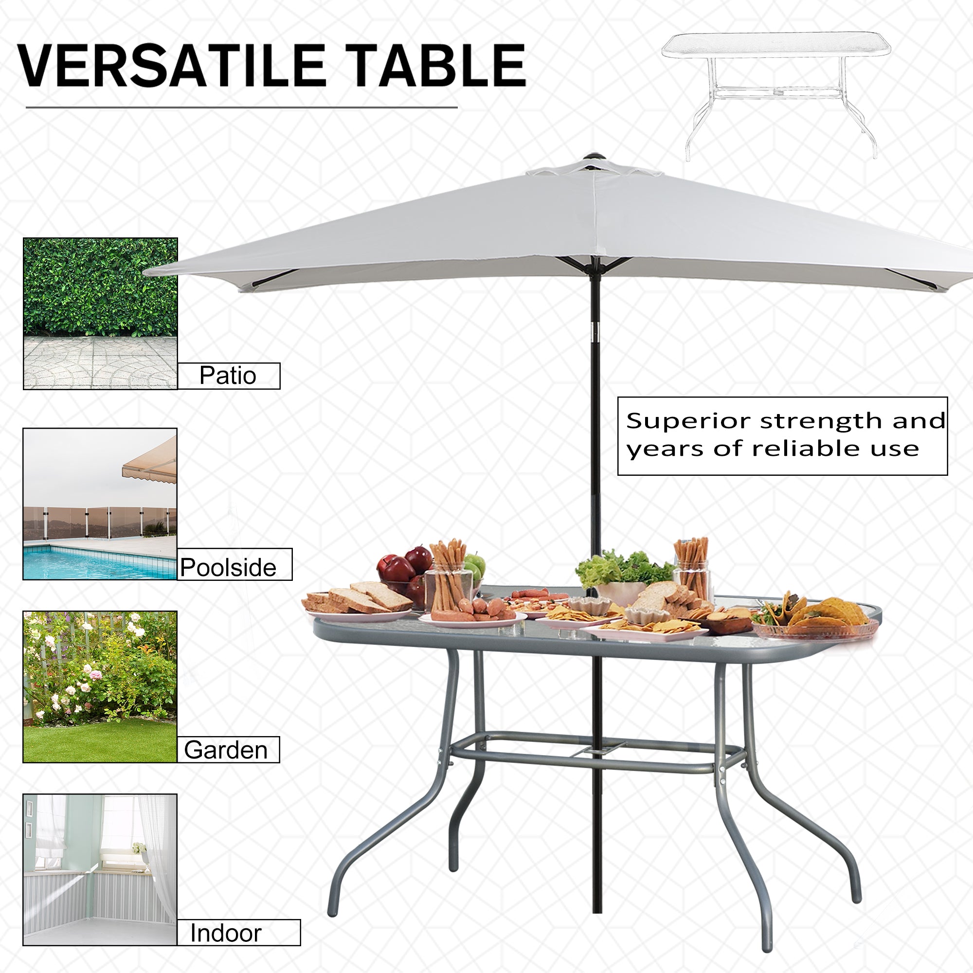 Outsunny Outdoor Patio Dining Table Metal w Tempered Glass Top Umbrella Hole Garden Furniture 47.25" x 31.5" 