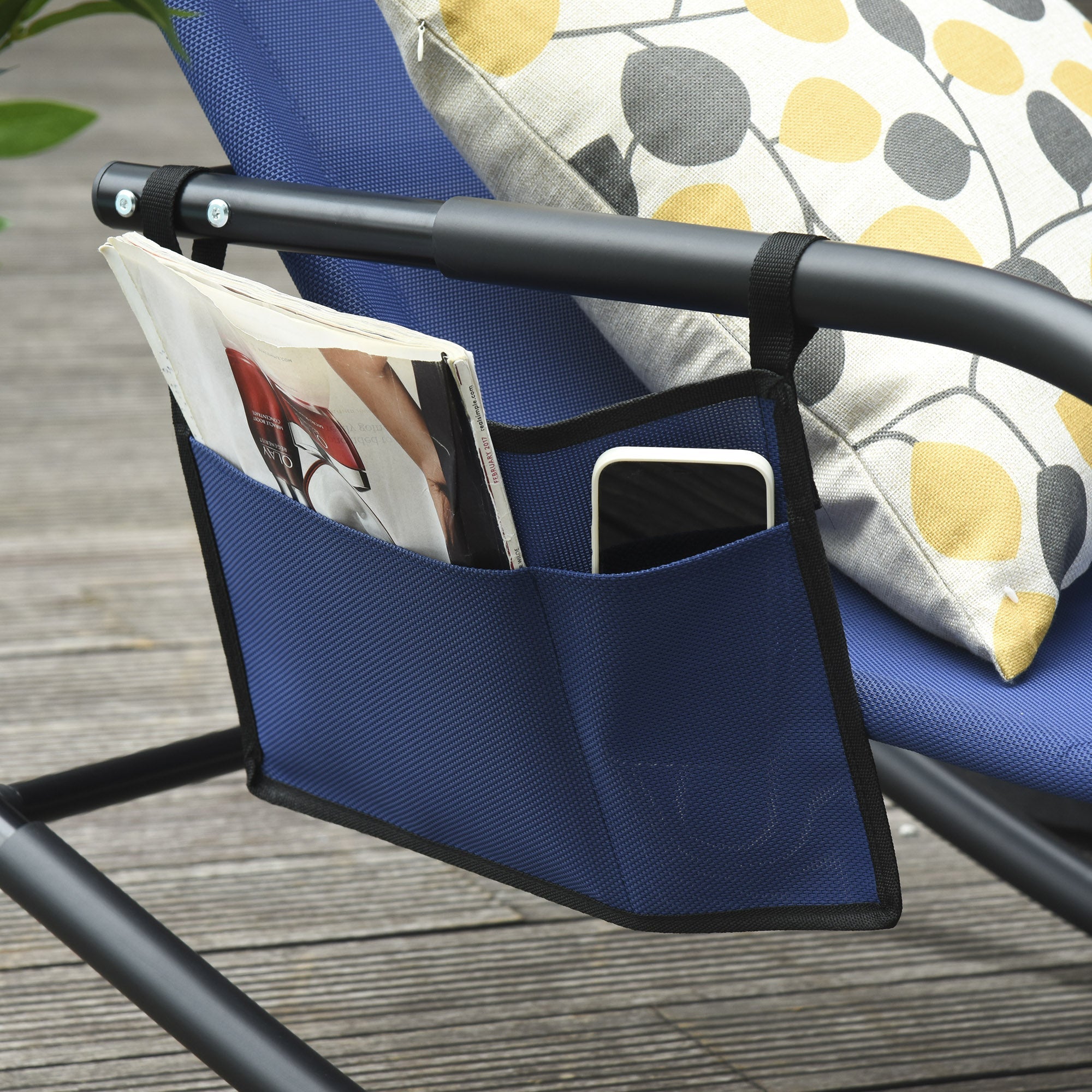 Outsunny Outdoor Rocking Recliner, Sling Sun Lounger with Removable Headrest and Side Pocket for Garden, Patio and Deck, Blue 